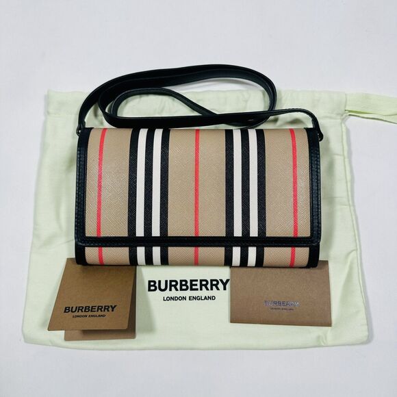 Burberry Hannah Wallet Crossbody Bag Icon Stripe Brown Black NWT - Picture 1 of 10